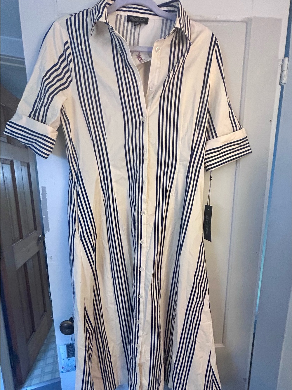 Rachel Zoe White and Navy Striped Midi Shirt Dress